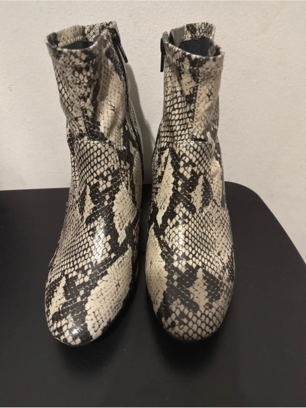 Time and Tru Snake-Print Ankle Boots in Cream and Black